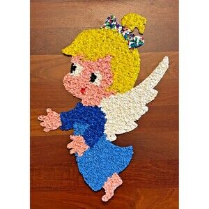Vintage Melted Popcorn Plastic Angel w/ Wings Christmas Decoration Retro Hanger